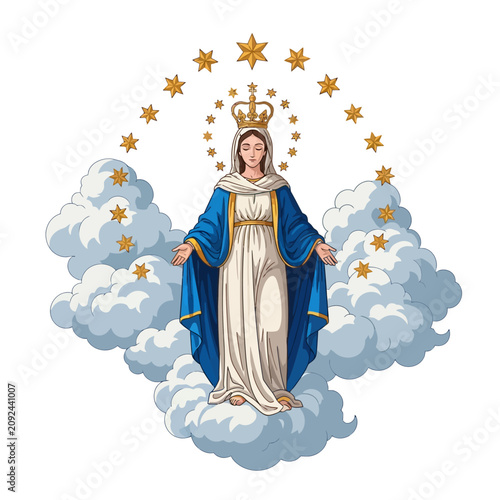 Slika na platnu Illustration of Virgin Mary with Crown and Stars.