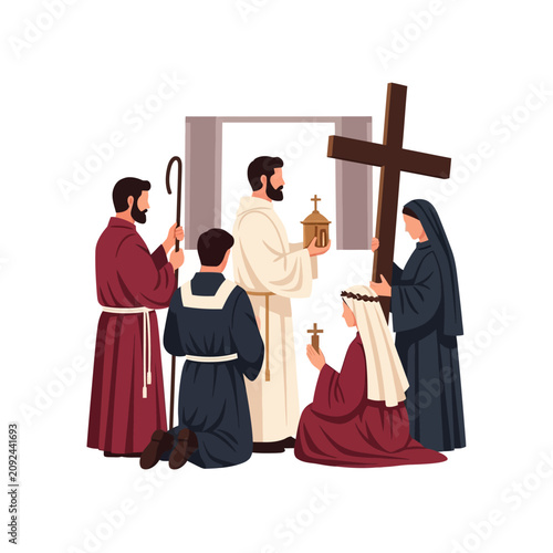 Konstfotografi Religious ceremony with priest and cross procession.