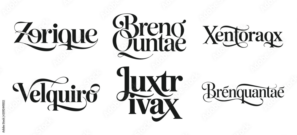 Fototapeta premium Elegant script typography designs on a white background showcasing unique word creations for branding and design projects