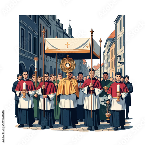 Konstfotografi Religious procession with clergy and sacred monstrance in city street