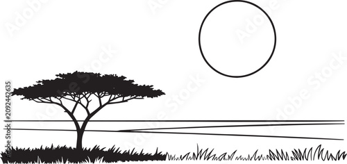 Savanna landscape with acacia tree and large sun