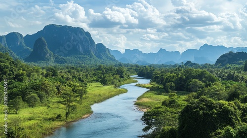 Lush River Valley with Mountain Ranges