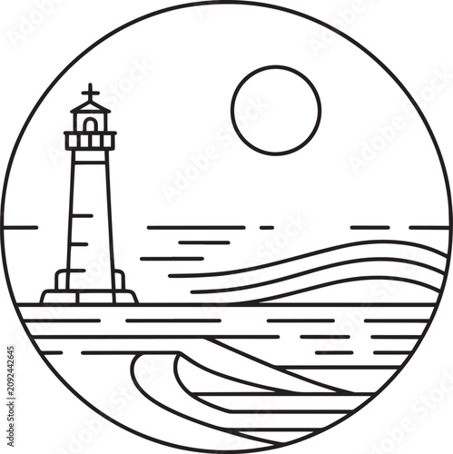 Lighthouse by the sea line art icon
