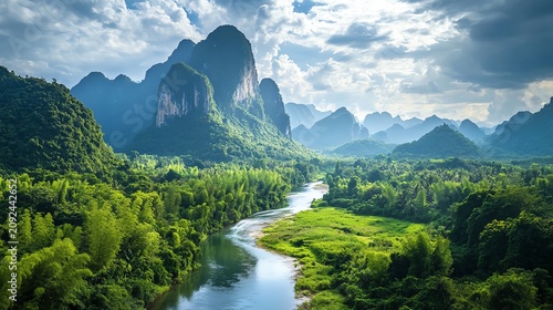 Lush Green Mountains and River