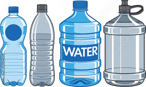 Schilderij op canvas Four plastic water bottles and gallon jugs set, mineral drink packaging isolated