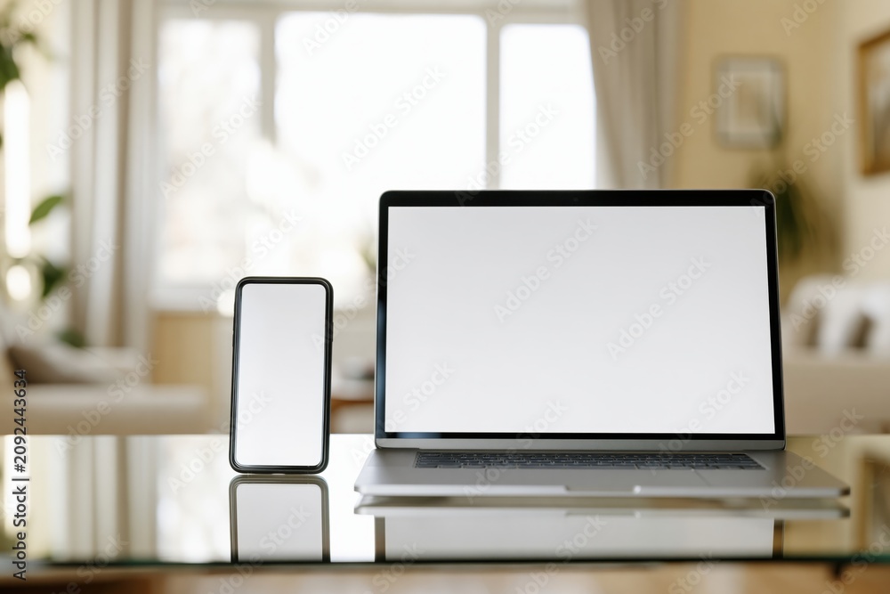 Fototapeta premium The Laptop on a Glass Desk With a Smartphone in a Bright Modern Home Office