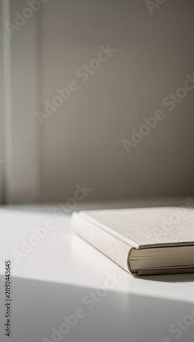 A closed book with a textured light cover lies on a white table in bright sunlight