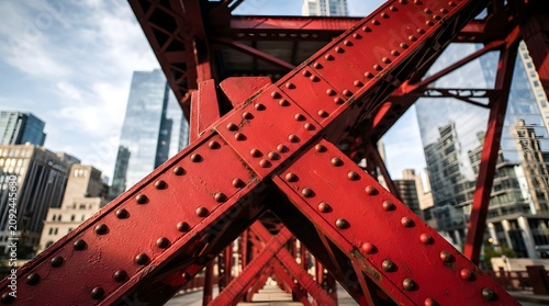 Red steel bridge structure with city skyline in background