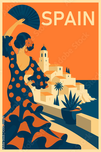 Retro vector travel postcard of Spain with flamenco dancer, coastal village and Mediterranean colors.