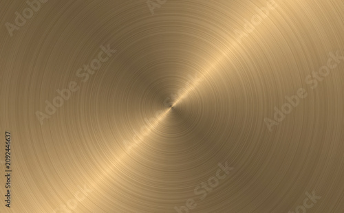 Circular brushed gold metal texture background with radial shine and light reflections on a polished bronze surface.