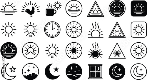 Canvastavla Sunrise and Sunset Line Icon Set featuring Morning Rooster, Coffee Cup, Clock, D
