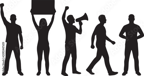 Protest and Demonstration Silhouette Vector Set, Activist with Megaphone, Protest Sign, Raised Fist, Walking and Standing People Black Silhouettes Isolated on White Background