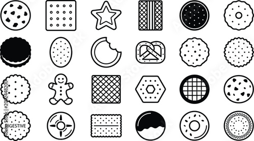 Fotografía Cookie and Biscuit Line Icon Set featuring Chocolate Chip, Gingerbread Man, Crac