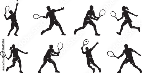 Fotografie Tennis player silhouettes, black tennis icons, athletic poses, sports illustrati
