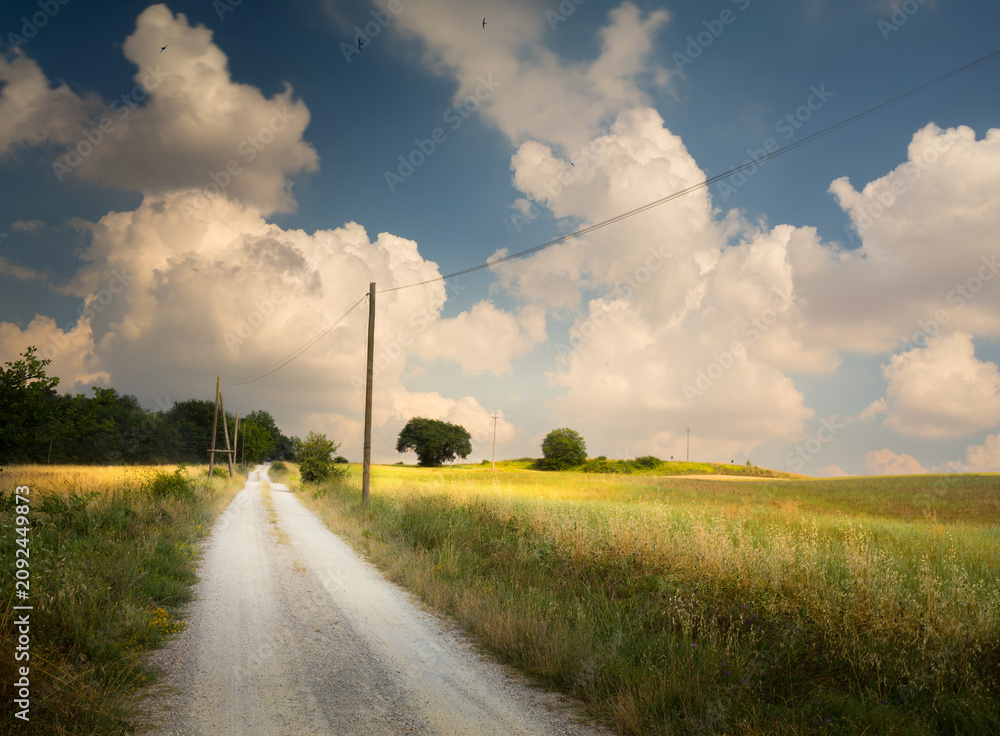 Naklejka premium Dirt road through rural Summer countryside field, dramatic cloudy sky landscape at sunset