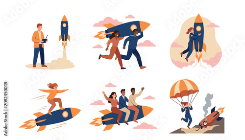 Konstfotografi Business startup vector concept set featuring people launching rockets flying ri