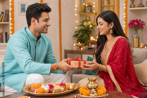 Brother giving gift to sister after Raksha Bandhan rakhi ceremony
