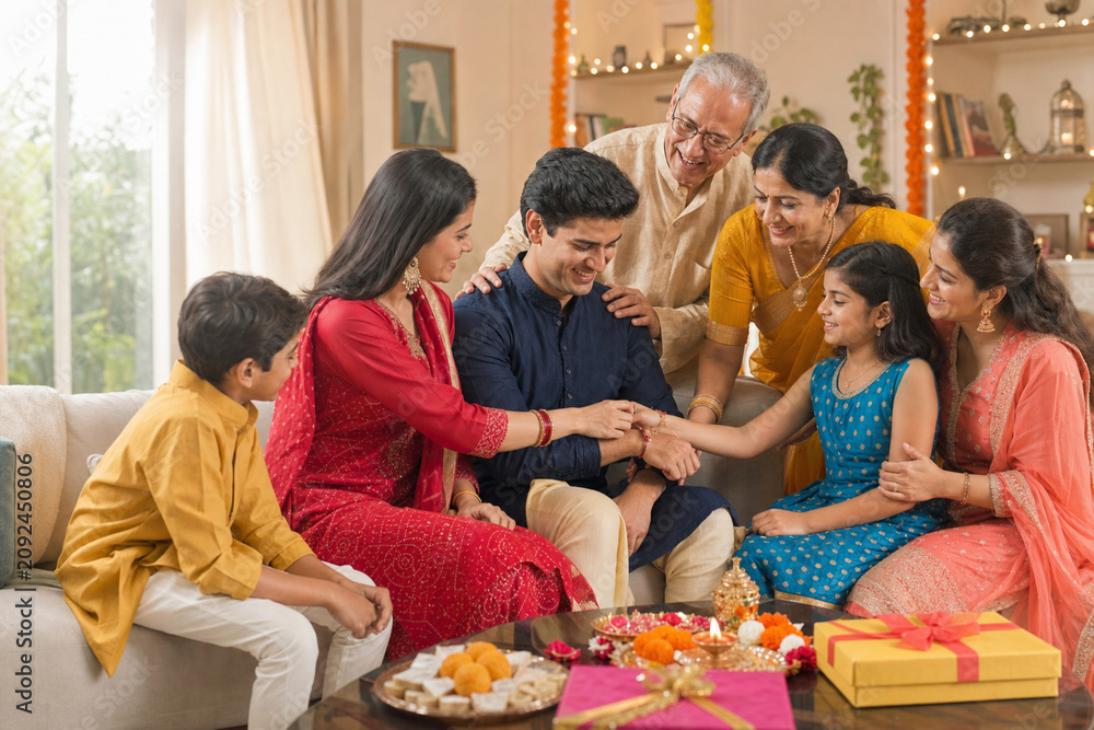Fototapeta premium Indian family celebrating Raksha Bandhan together at home
