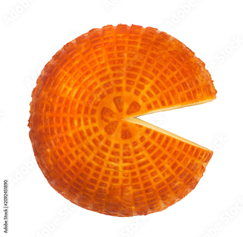 Block of fresh round homemade smoked cheese on a transparent or white background. Top view. PNG.