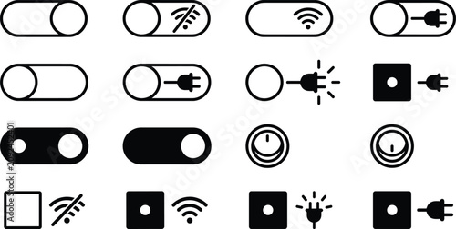Toggle Switch and Power Button Icon Set featuring On Off Sliders, Wireless Connectivity Controls, and Electric Plug Symbols for App and Website User Interfaces
