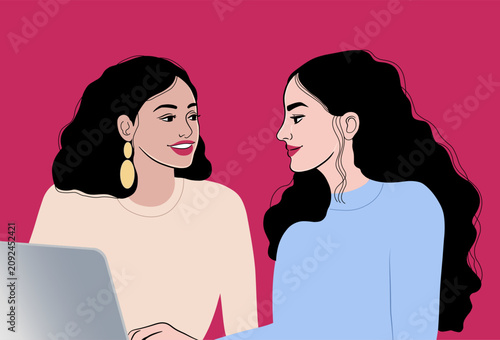Two young diverse women working on laptop together, smiling female colleagues, remote work concept vector illustration