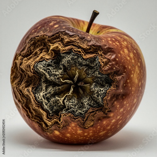 Single rotten apple isolated on white. Brown, dry, moldy decay spreads inwards. Unappetizing fruit spoilage, food waste concept. Unhealthy produce detail.