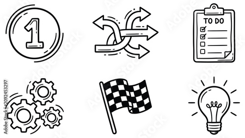 Set of hand drawn business and productivity doodle icons