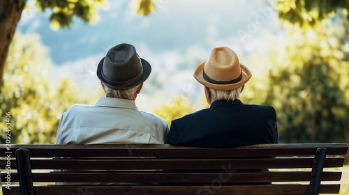 Two elderly senior men wearing stylish fedora hats sitting peacefully on a wooden park bench while enjoying a quiet afternoon together in the warm golden sunlight, back view