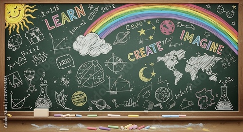 Chalkboard with educational drawings rainbow and inspirational words like Learn Create Imagine.