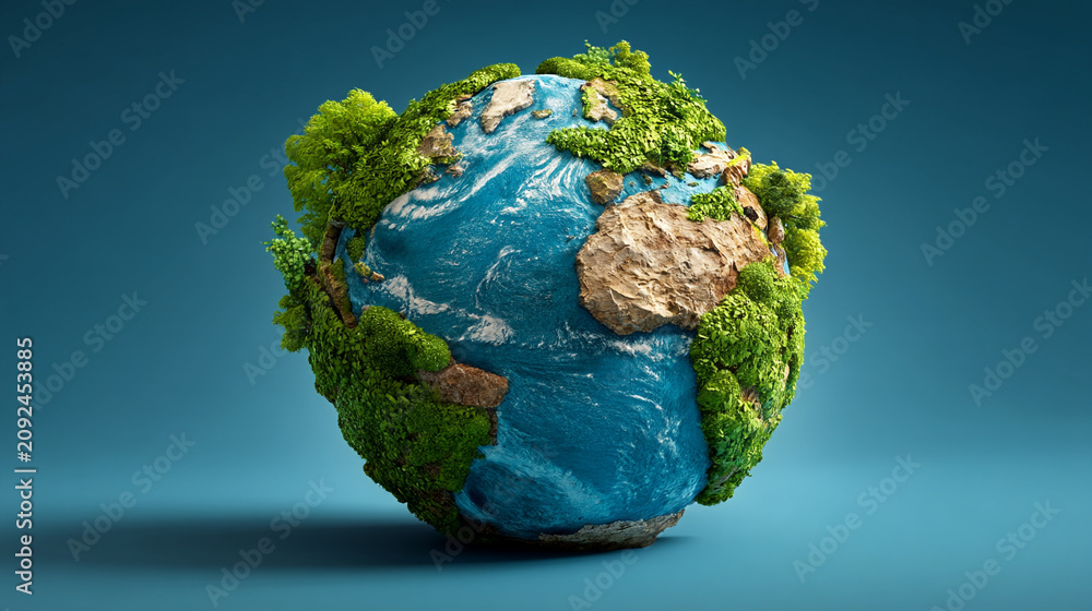 Fototapeta premium Conceptual globe model covered in green moss representing ecology and environmental
