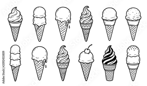 Fotografía Ice Cream Cone Collection Line Art Sketch Vector Set for Coloring Book Pages