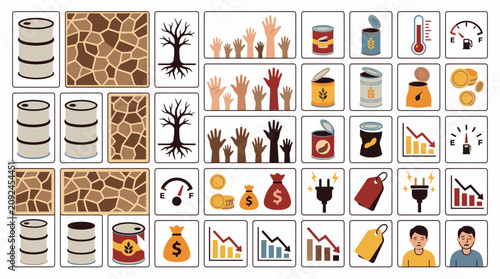 Symbols for poverty, hunger, drought, and economic hardship issues.