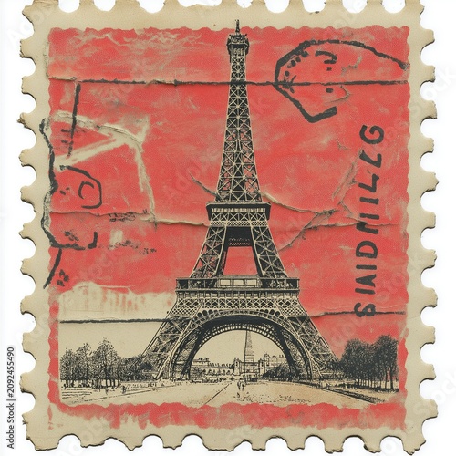 Torn vintage postage stamp showing the Eiffel Tower with red background and visible postmark, isolated on white.