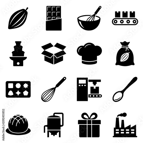 Cocoa processing and chocolate manufacturing icon set for food industry