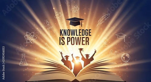 Open Book Radiating Knowledge and Power with Silhouettes of Graduates.