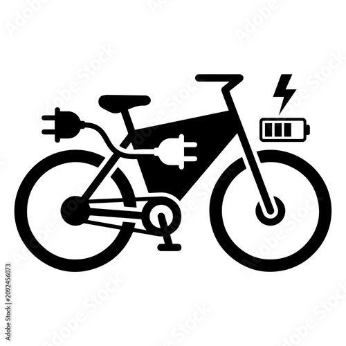 Electric bicycle charging battery and power plug icon with two wheeler, electric