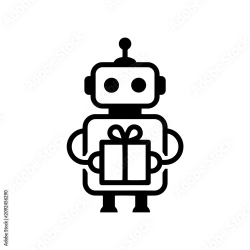 Minimalist robot holding a gift box present icon with technology, artificial