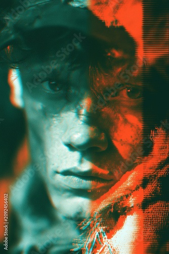 Close-up portrait of a person’s face with heavy red and cyan glitch effects, scan lines, and digital distortion covering the image.