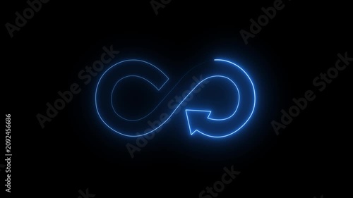 Neon purple infinity loop symbol with arrow animation on black background, glow