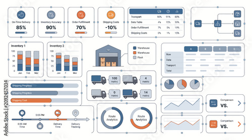Modern Business Intelligence Dashboard Illustrating Supply Chain Operations, Inventory Analytics, Logistics Tracking, and Performance Management for Enhanced Decision Making