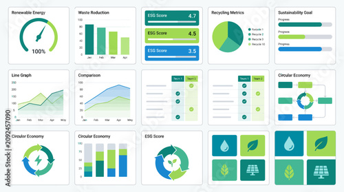 Environmental sustainability data visualization dashboard components and ecological metrics charts for professional corporate reporting