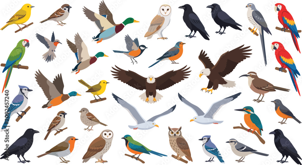 Fototapeta premium Bird illustration collection featuring parrots owls eagles ducks crows sparrows seagulls hummingbirds and other species