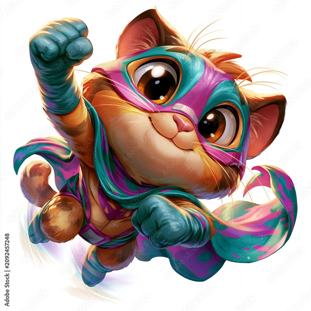 Fototapeta premium Cute Superhero Kitten Raising Fist Flying in Superhero Costume and Mask Isolated on White Background