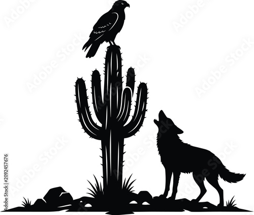 Black silhouette of a howling wolf standing near a desert saguaro cactus with a hawk sitting on top under the bright sun for a wild western nature design project