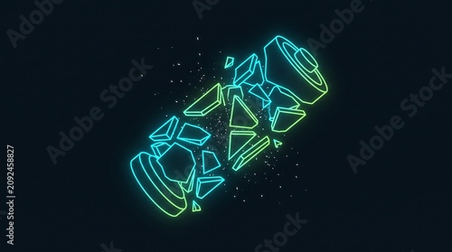 Shattered glowing neon battery cell showing concept of energy depletion and loss