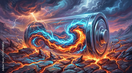 Futuristic Transparent Battery Charging with Swirling Fire and Blue Lightning Energy Waves
