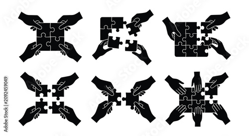 Hands Holding Puzzle Pieces Black Silhouette Vector Illustration