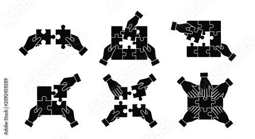 Hands Holding Puzzle Pieces Black Silhouette Vector Illustration