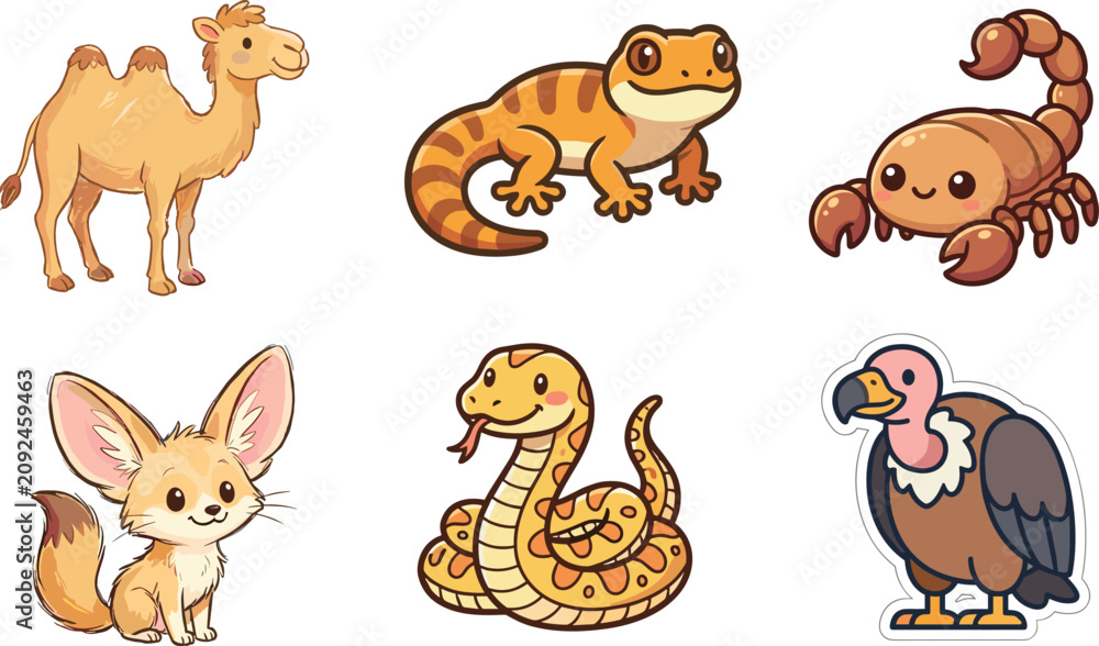 Naklejka premium Cute Desert and Wild Animal Cartoon Collection Vector Set with Camel Snake Scorpion and Reptiles
