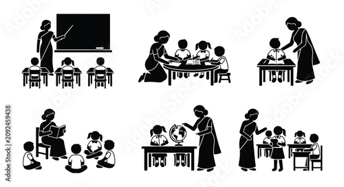 Classroom Scenes With Teacher And Students Black Silhouette Vector